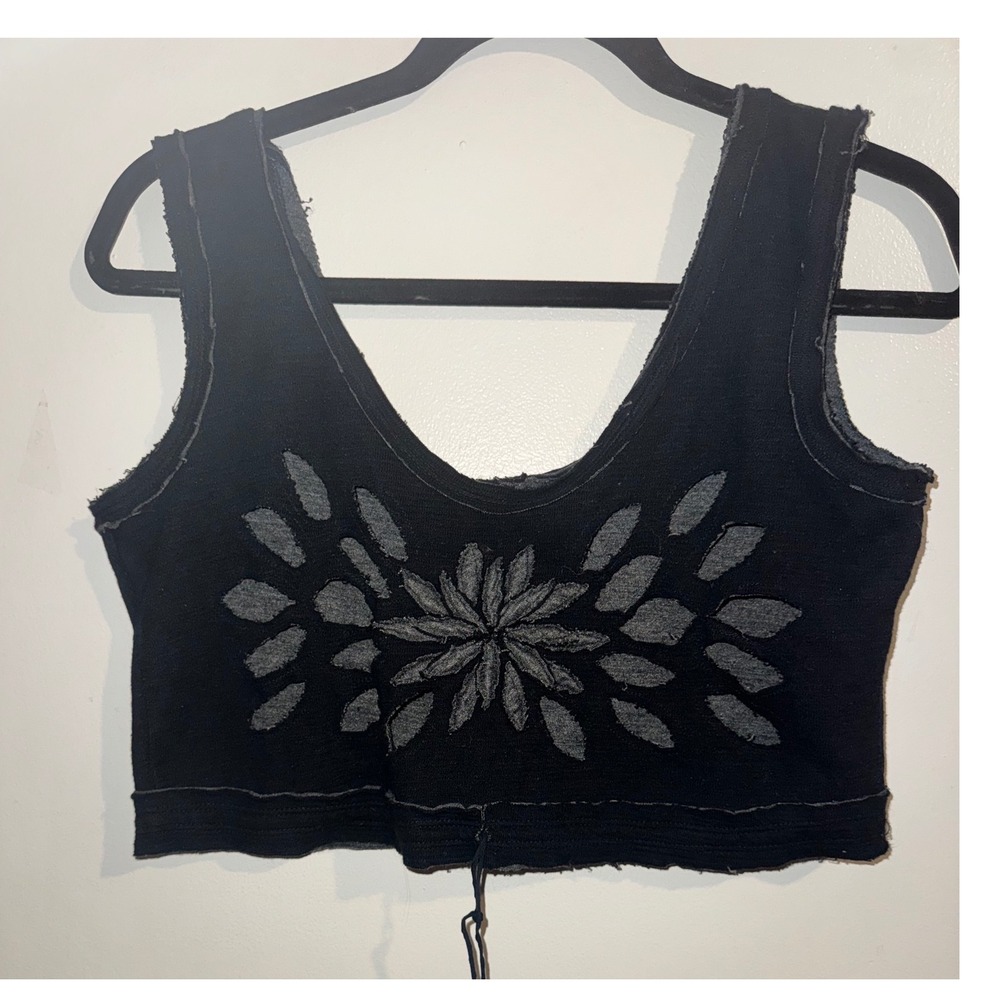 Ohm Black Distressed Floral Cutout Crop Top XS Grunge Y2K